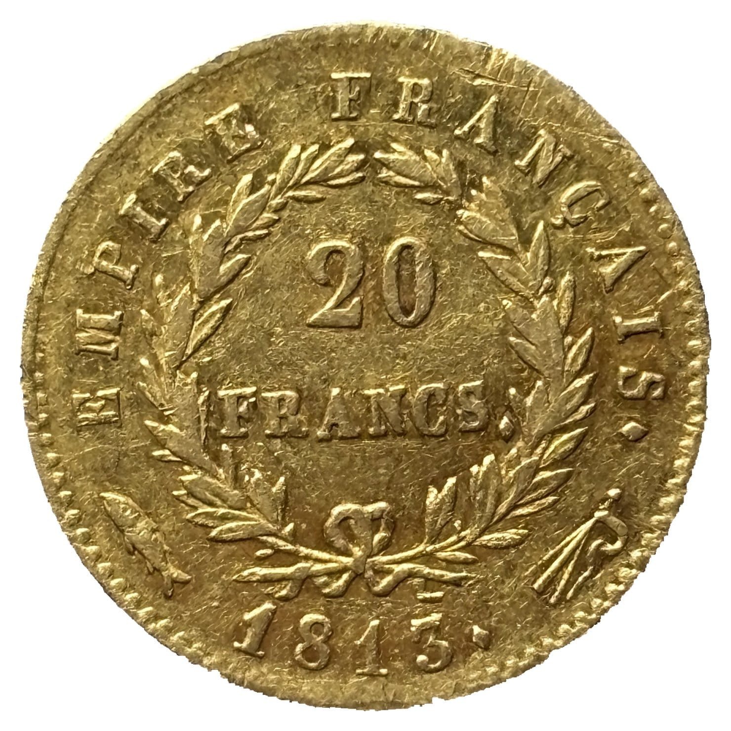 20 francs or Napoléon Ier 1813 Utrecht, revers : 20 FRANCS dans la couronne, différent flot d'Utrecht