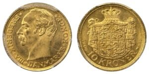 10 kroner or Danemark 1908 Frédéric VIII PCGS MS65, avers et revers