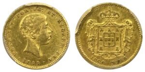 1000 réis or Portugal 1855 Pierre V PCGS AU53, avers et revers