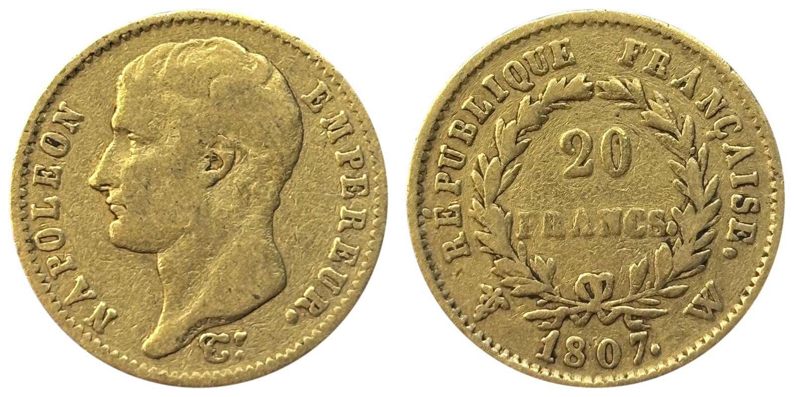 20 francs or Napoléon Ier 1807 W Lille tête nue — droit et revers