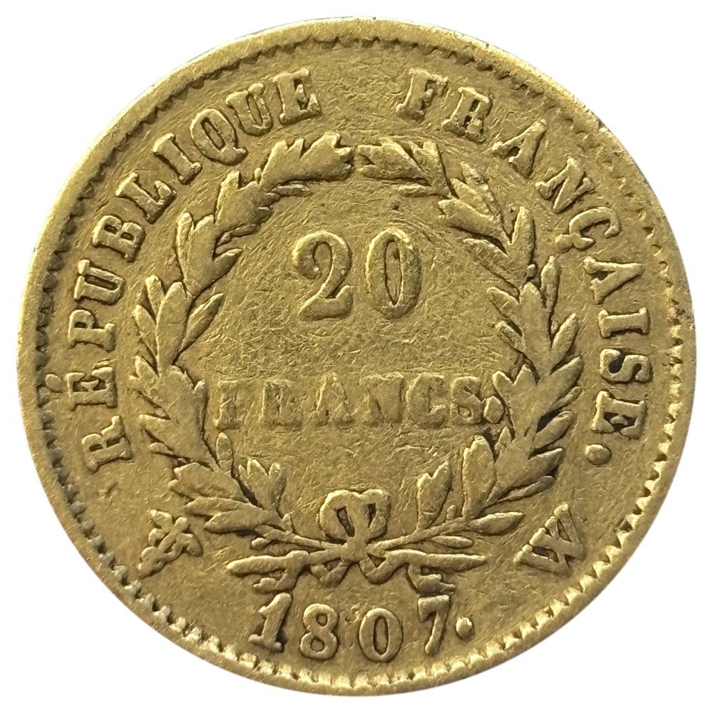 20 francs or Napoléon Ier 1807 W Lille tête nue — revers