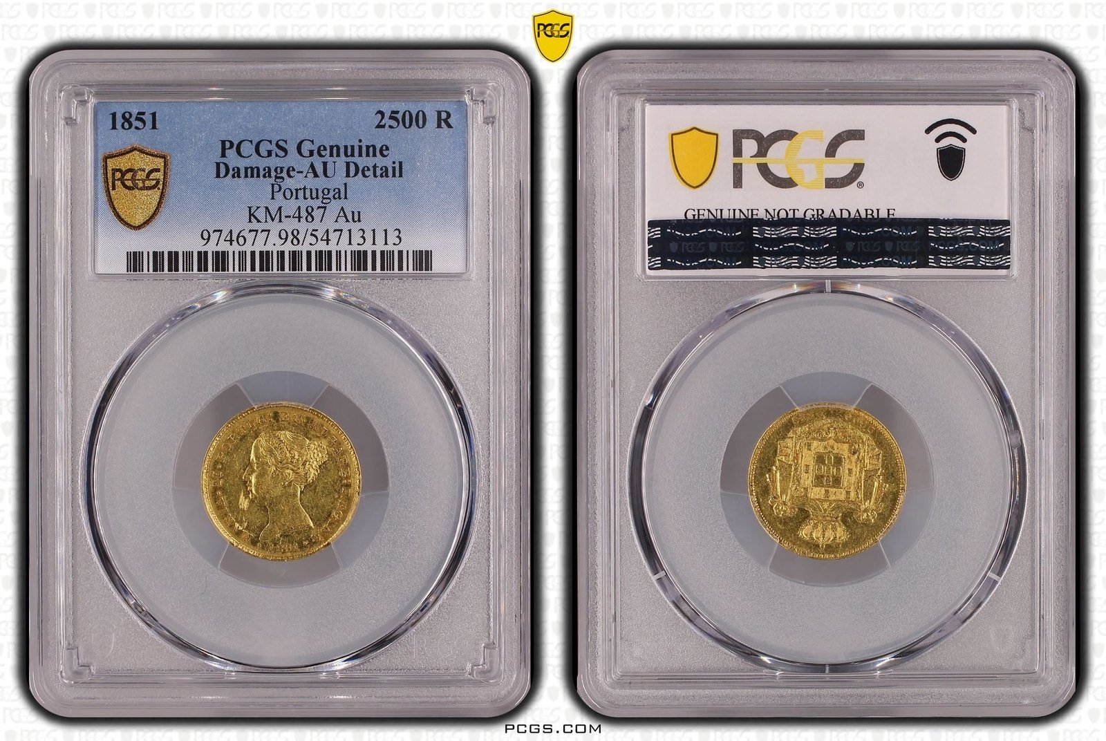 2500 réis or Portugal 1851 dans sa coque PCGS Genuine AU Details (certificat 54713113)