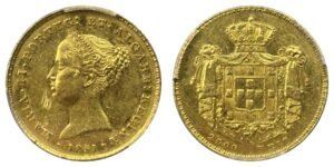 2500 réis or Portugal 1851 Marie II sous coque PCGS, avers et revers