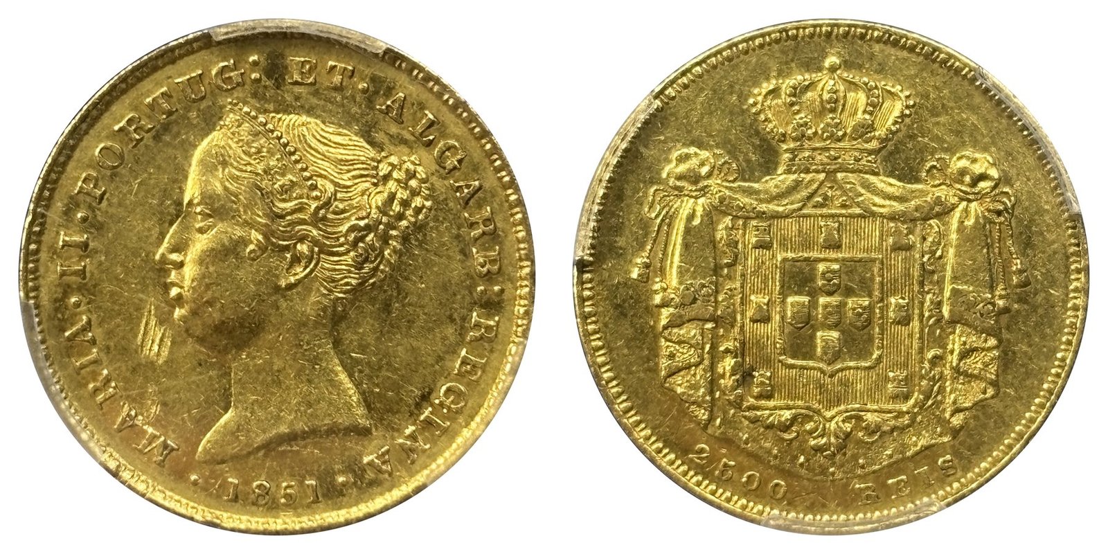 2500 réis or Portugal 1851 Marie II sous coque PCGS, avers et revers