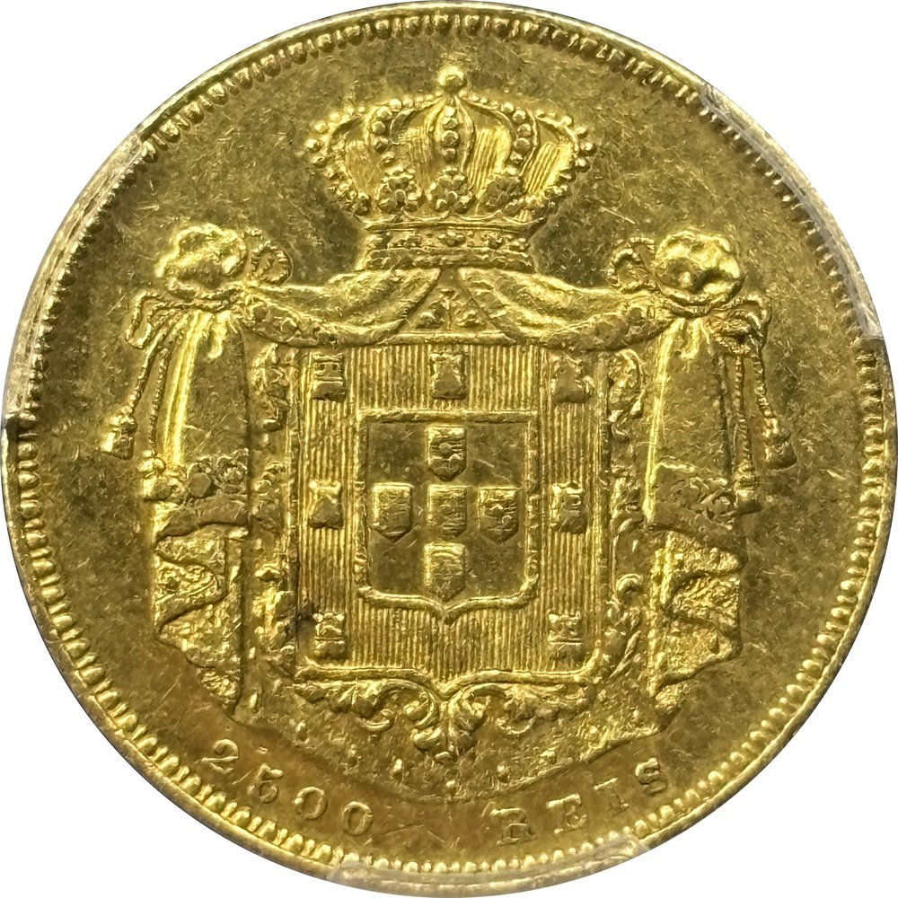 2500 réis or 1851, revers armoiries du Portugal