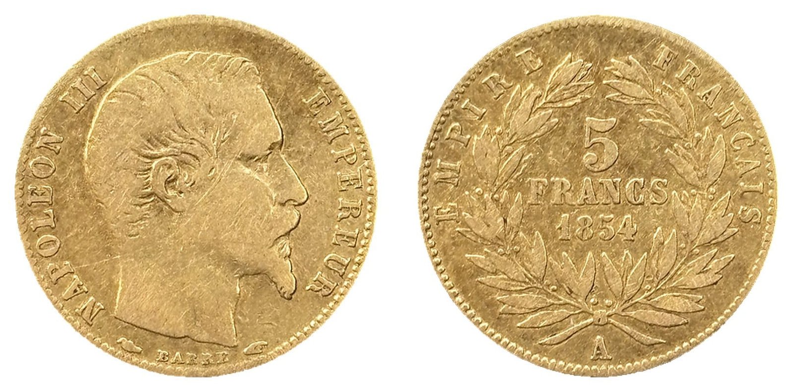 5 francs or Napoléon III tête nue 1854 A petit module tranche cannelée TB+ droit et revers