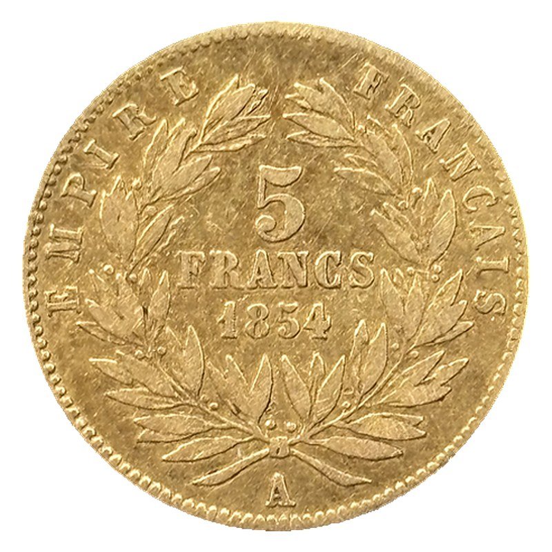 5 francs or Napoléon III tête nue 1854 A petit module tranche cannelée TB+ revers