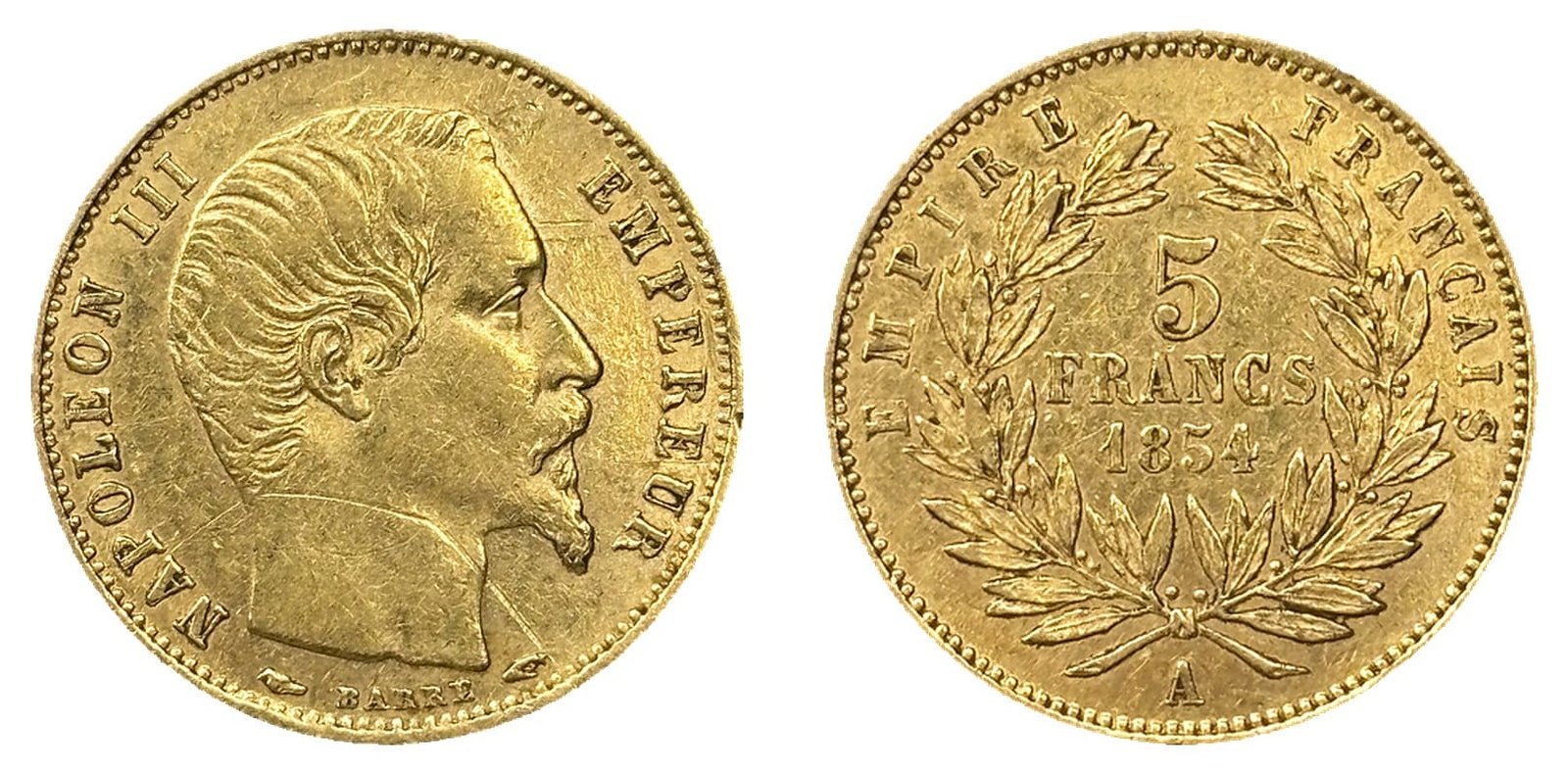 5 francs or Napoléon III tête nue 1854 A petit module tranche lisse TTB+ droit et revers