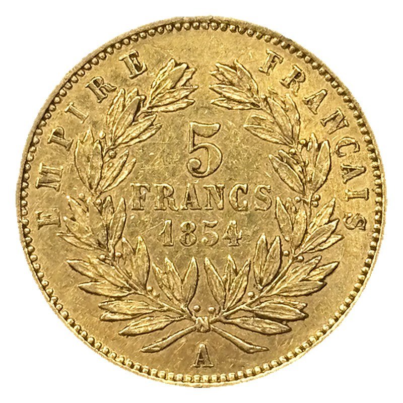 5 francs or Napoléon III tête nue 1854 A petit module tranche lisse TTB+ revers