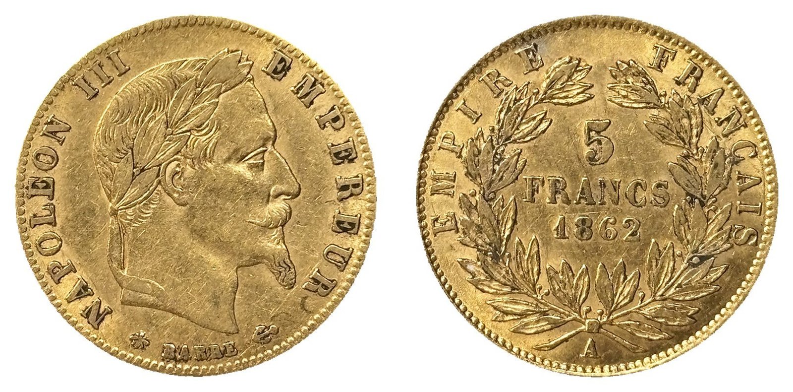 5 francs or Napoléon III tête laurée 1862 A SUP- droit et revers