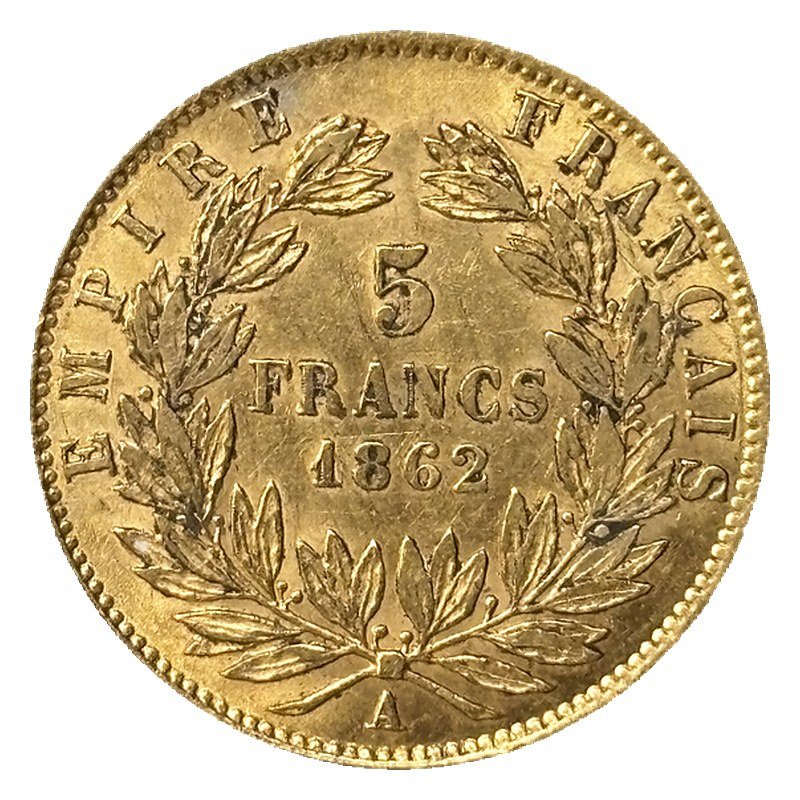 5 francs or Napoléon III tête laurée 1862 A SUP- revers