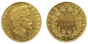 5 francs or Napoléon III tête laurée 1865 BB SUP- droit et revers
