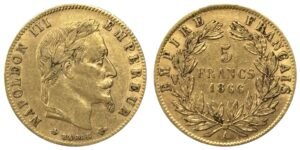 5 francs or Napoléon III tête laurée 1866 A, avers et revers