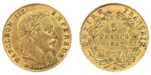 5 francs or Napoléon III tête laurée 1867 A SUP- droit et revers