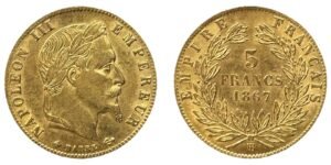 5 francs or Napoléon III tête laurée 1867 BB SUP droit et revers