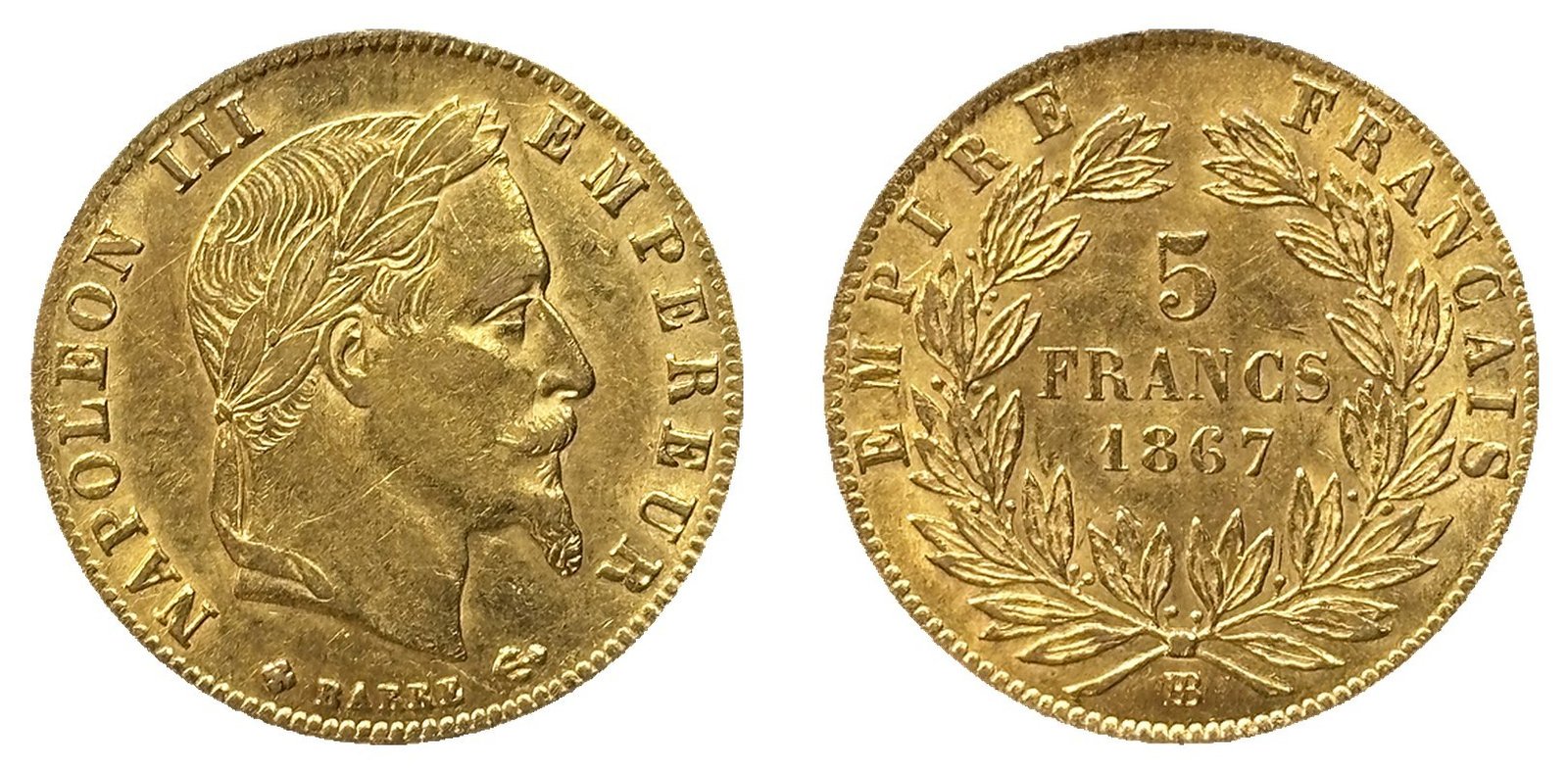 5 francs or Napoléon III tête laurée 1867 BB SUP droit et revers