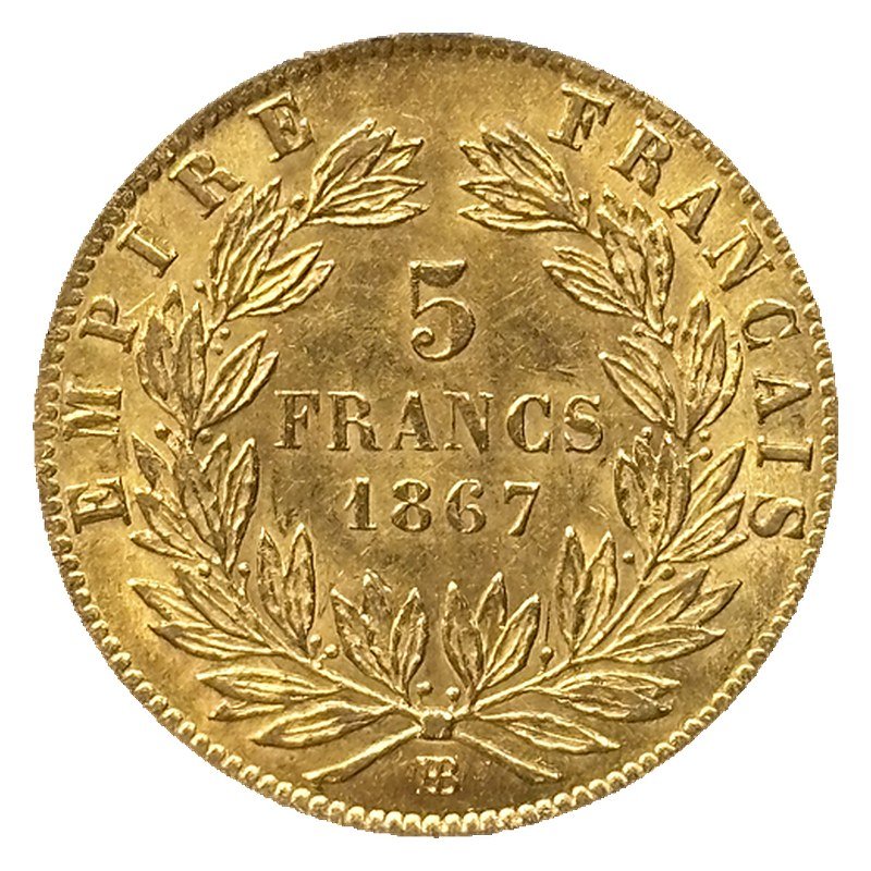 5 francs or Napoléon III tête laurée 1867 BB SUP revers