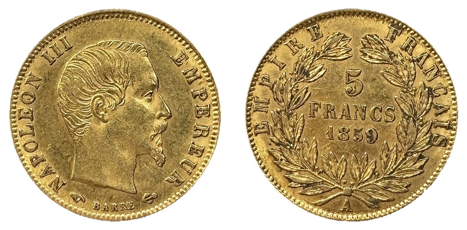 5 francs or Napoléon III tête nue 1859 A SUP- droit et revers
