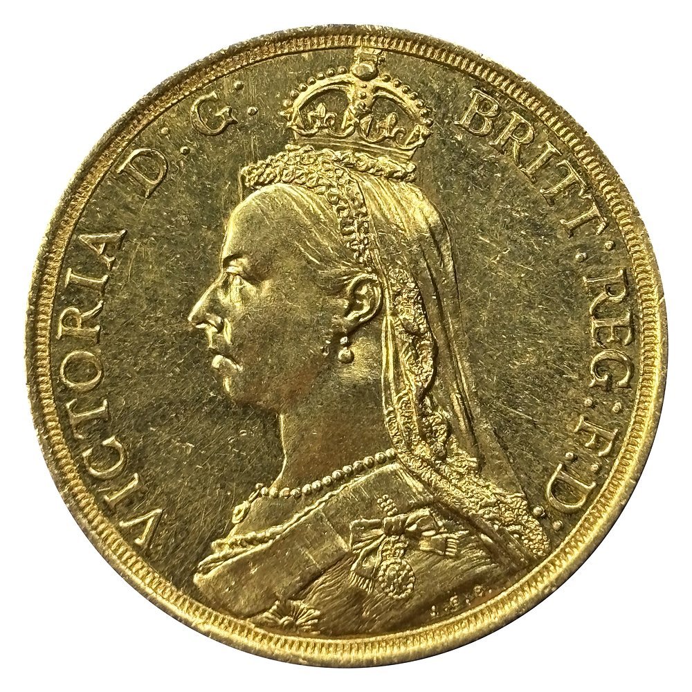 Double souverain or Victoria 1887, droit : buste du Jubilé de la reine Victoria