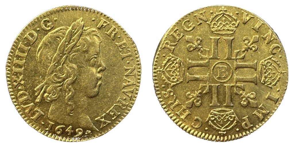 Louis d'or à la mèche longue Louis XIV 1649, avers et revers
