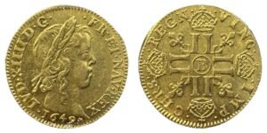 Louis d'or à la mèche longue Louis XIV 1649 B Rouen SUP+, avers et revers